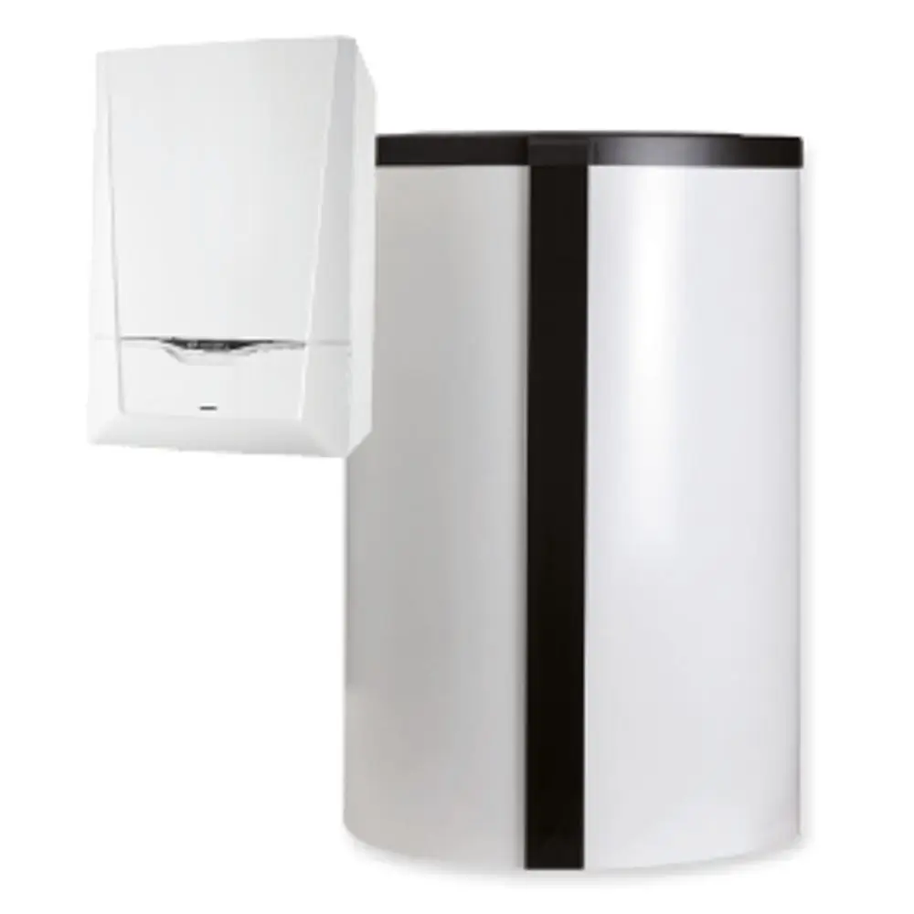 Wall-mounted Heizgerät von Remeha neben einem zylindrischen weißen Pufferspeicher. Beide Geräte haben eine schlanke Form und sind in einem modernen Design gehalten.